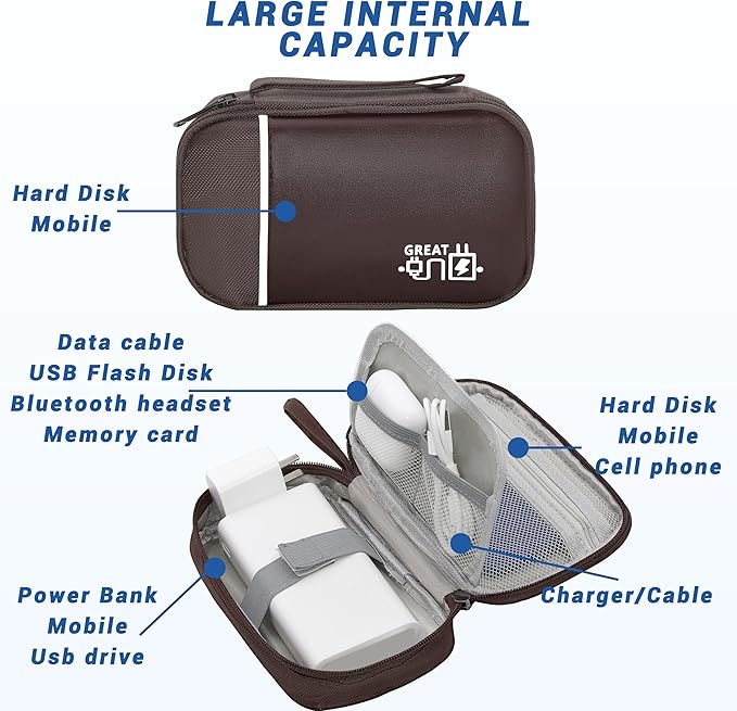 Electronics Organizer,Travel Cord Organizer Pouch, Portable Cable Organizer Bags, Waterproof Electronic Accessories Storage Case for Cables, Cords, Charger, Phone (Single Layer-Small-Brown)