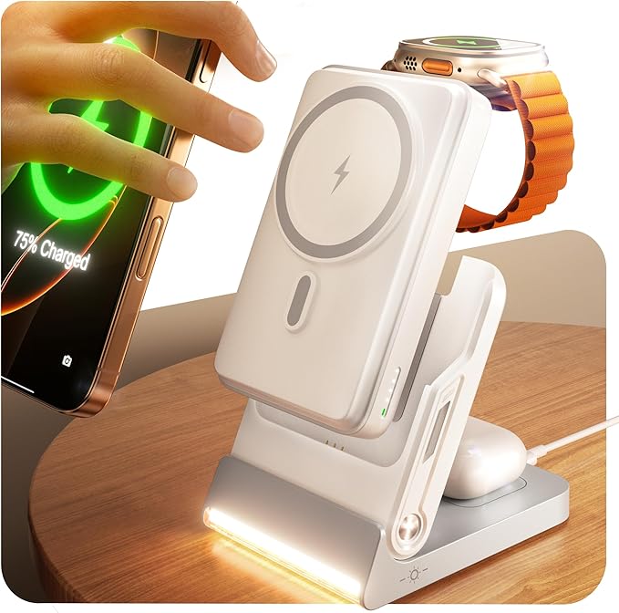 Magnetic Power Bank with MagSafe, 10000mAh Portable Battery Pack for iPhone 17, 5 in 1 Foldable Charging Station with iWatch Charger for i Phone 17/16/15/14&AirPods, Wireless Travel Gift for Men&Women