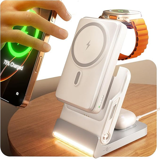 Magnetic Power Bank with MagSafe, 10000mAh Portable Battery Pack for iPhone 17, 5 in 1 Foldable Charging Station with iWatch Charger for i Phone 17/16/15/14&AirPods, Wireless Travel Gift for Men&Women