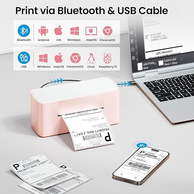 Itari Thermal Shipping Label Printer, 245BT Pink Thermal Label Printer 4x6, Bluetooth Address Label Printers for Business, Support iOS, Android, Windows, Amazon, Shopify, USPS