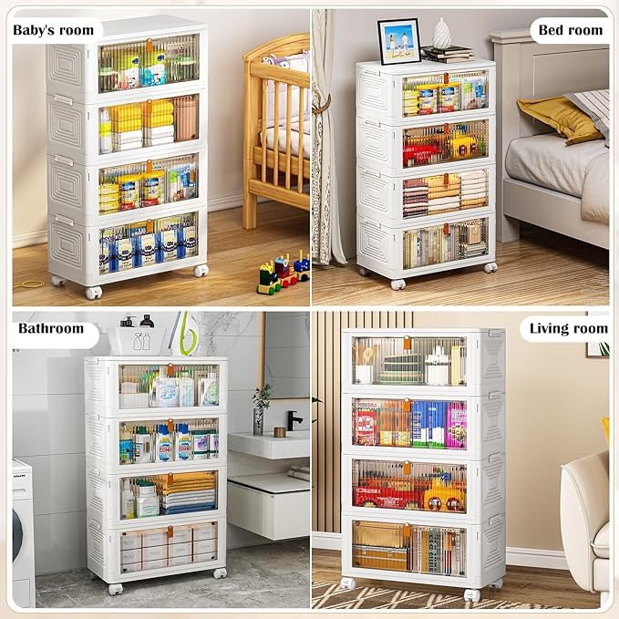 4 Tier Plastic Storage Bins with Lid 23QT, Stackable Storage Containers with Wheels, Folding Boxes, Collapsible Bins, Closet Organizers and for Living Room,Office,Dorm