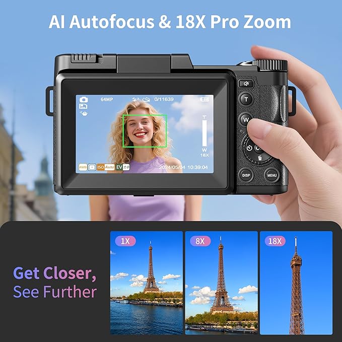Digital Camera 5K, 64MP Cameras for Photography, YouTube Vlogging, 18X Zoom UHD Autofocus Compact Point and Shoot Flip Screen Camera with 64GB SD Card, 2 Batteries, Small Photo Camera for Kids, Teen
