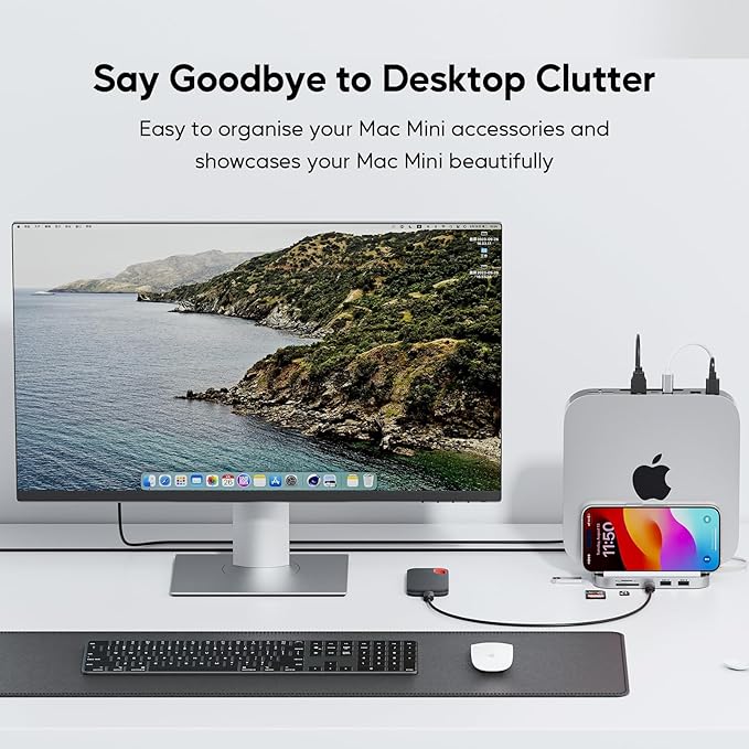 Mac mini Hub M1 M2 with M.2 SSD Enclosure (NOT for M4 2024), 8-in-1 Vertical Mac mini Dock Stand with USB A/C 3.2 10Gbps, 2 x USB A 2.0, SD/TF Slots, 3.5mm Audio Mic Jack
