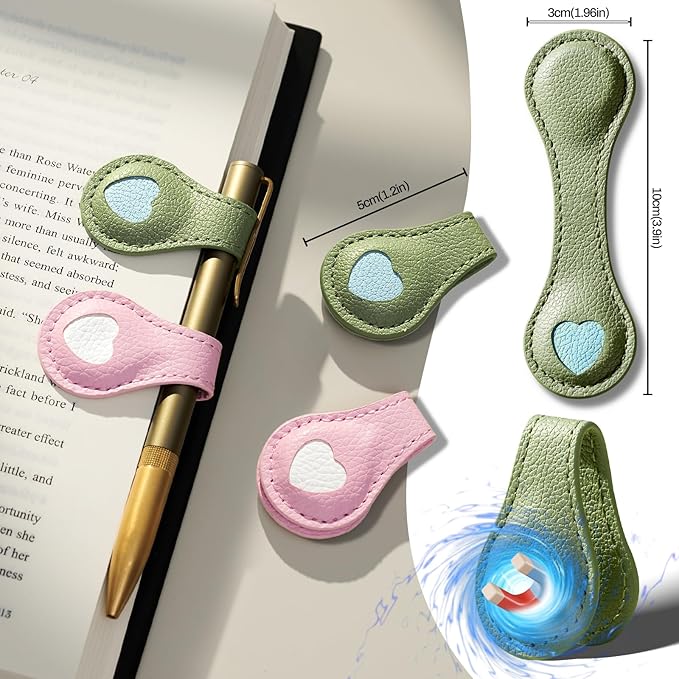 2Pcs Magnetic Leather Bookmarks with Gift Box, Magnetic Pen Holder Book Marks Clip Gift for Book Lover Readers Men Women Teachers Students, Heart (Pink+Green)