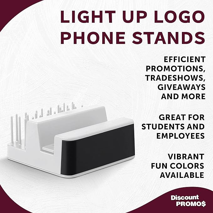 DISCOUNT PROMOS Light Up Logo Phone Stands Set of 10, Bulk Pack - Essential Smartphone Accessory, Perfect for Office and Home - White