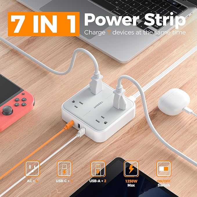 TESSAN Flat Plug Extension Cord 5 Ft, TESSAN Surge Protector Power Strip Ring Pull with 3 USB (1 USB C) 4 Outlets, 900 Joules Protection, Desktop Charging Station for Home, Office, College, Dorm Room,