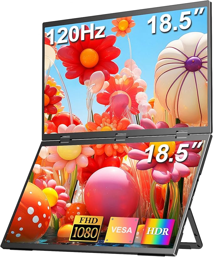 18.5inch Portable Dual Monitor, 1080P FHD 120HZ Triple Laptop Screen Monitor Extender,Dual Speakers USB-C & HDMI Folding Stacked Dual Monitors for Laptop Windows Mac, Stand & VESA