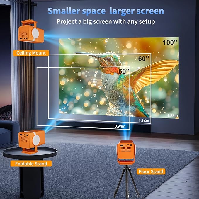 Dess Mini Projector,Portable projector can be powered by power bank,outdoor projector with Wifi6 and bluetooth,Movie projector,180° Rotatable, Auto Keystone Correction hometheater proyector,T1(Orange)