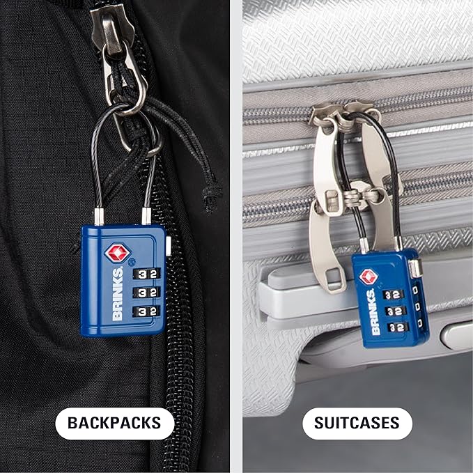 Brinks TSA Accepted Indicator Luggage Lock, Blue - Resettable 3-Dial Combination, 1.5 inch Long Cable Shackle, New More Secure TSA008 Key, 2 Pack