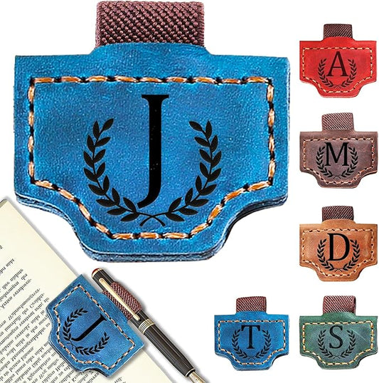 Personalized Bygone Mark Bookmark with Pen Holder, Leather Magnetic Bookmark 26 Letters Name Initial Bookmarks for Readers, Book Lover Gifts for Women Men Notebook Accessories (Blue, J)