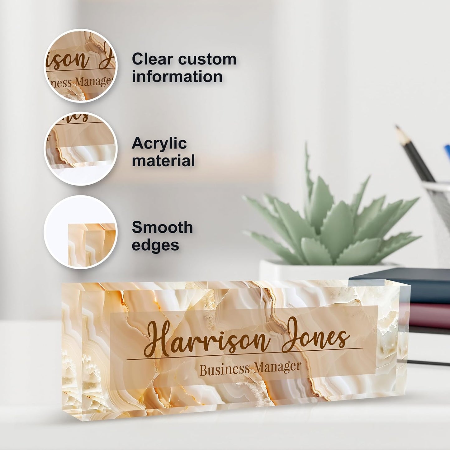 Personalized Name Plate for Desks, Custom Desk Name Plates, Acrylic Name Plate Office Desk Accessories, Personalized Office Gifts for Coworkers Teachers, Employee Appreciation Gifts (B-Gold Flowing)