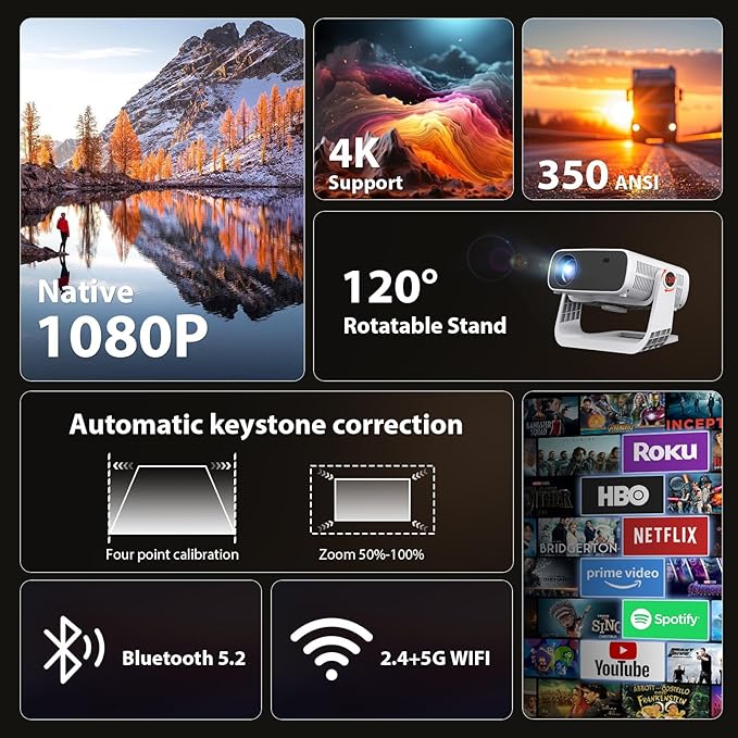 Smart Projector with WiFi 6 and Bluetooth Built-in Apps - 4K Support Portable Bedroom Mini Projector Native 1080P , 2025 New Auto Keystone & Zoom Home Theater Cinema Movie Proyector, 120° Stand