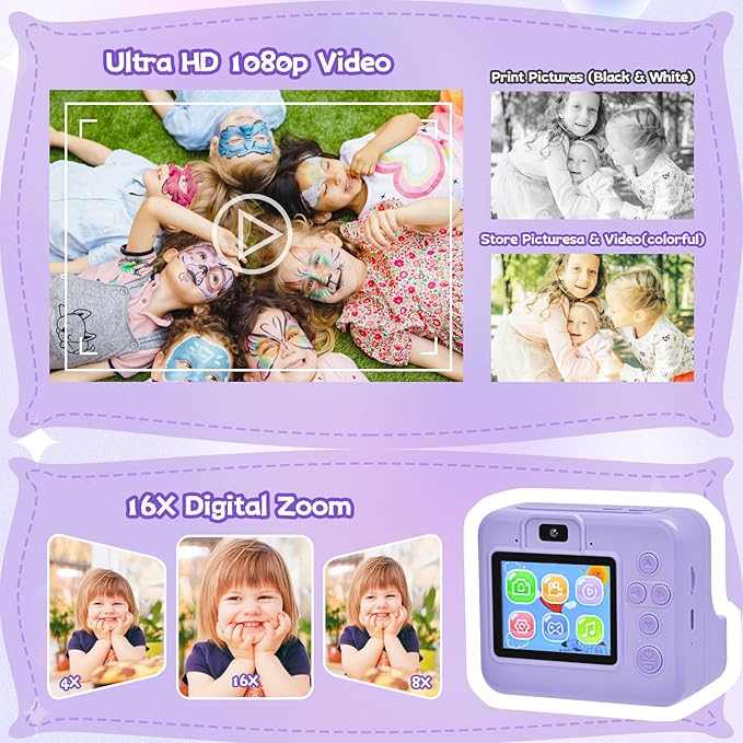 Kids Camera Instant Print, Dual Cameras Photo 1080 HD 2.4 Inch Screen Toddler Print Camera with 3 Prints Paper & 32 G,Christmas Birthday Gifts for Girls Boy 3 4 5 6 7 8 9 1s0 11 12 Year Old