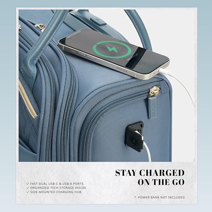 Verage 18x14x8in Spinner Underseat Carry-On Luggage -Airplane Personal Item Bag, USB A&C Charging Port, Padded Laptop Pocket & Wet/Dry Compartments for Women, Haze Blue