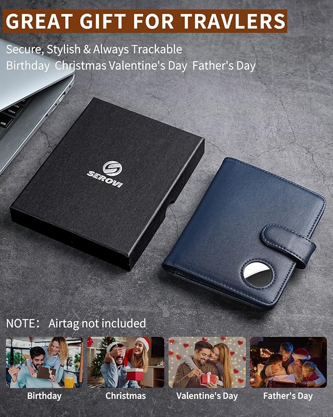 Passport Holder for Travel with AirTag Holder- Leather RFID Blocking Travel accessories with 5 Cards Slot&1ID Window,Magnetic Closure,Gift Box(Air Tag Not Included)