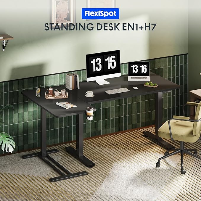 FLEXISPOT H7 Adjustable Overbed Bedside Table with Wheels Pneumatic Mobile Standing Desk Laptop Desk Rolling Computer Cart Movable Overbed Table Hospital Home Use(31.5" W x 17.7" D, Black Large)