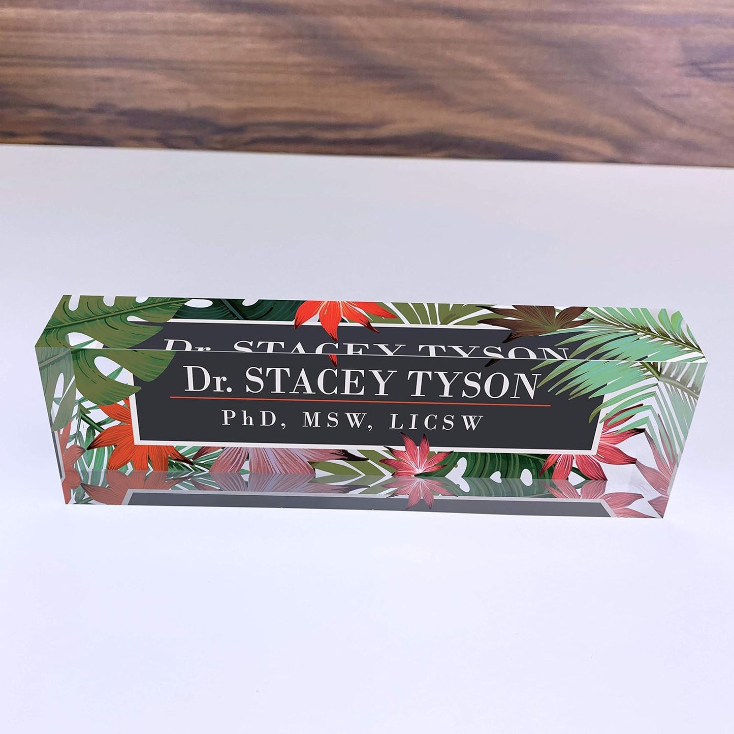 Artblox Personalized Name Plate for Desk | Leaf Flowers Design On Clear Acrylic Glass | Custom Desk Name Plate Personalized with Your Name and Credentials for Teacher Phd Military Office Name Plate