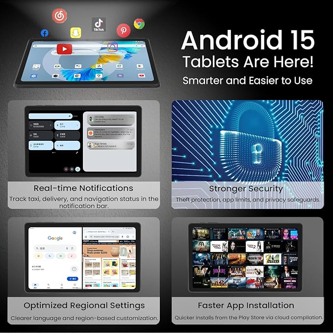 Tablet, 11-inch Android 15 tablets, 20GB+128GB+1TB expansion, Octa-core, 8000mAh large-capacity battery, 5G/2.4G WiFi6, GPS, Bluetooth 5.0, 5MP + 8MP dual cameras, Widevine L1, protective case - Black