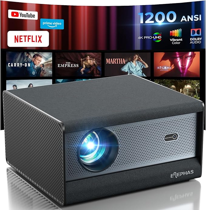 [1200 ANSI/Netflix-Licensed/30W Dolby Audio] ELEPHAS Smart 4K Projector with WiFi and Bluetooth, Dust-Proof Sealed UHD Video Projector, Auto Focus/Keystone, Portable Home Theater for Indoor/Outdoor