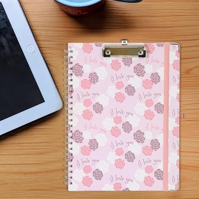 Clipboard Folio Spiral Folder Board,5 Extra Folders with 10 Storage Pockets,Refillable Lined Fillable Notepad,Folded Clipboard with Storage,Suitable for Office,School and Student (Pink Love Flower)