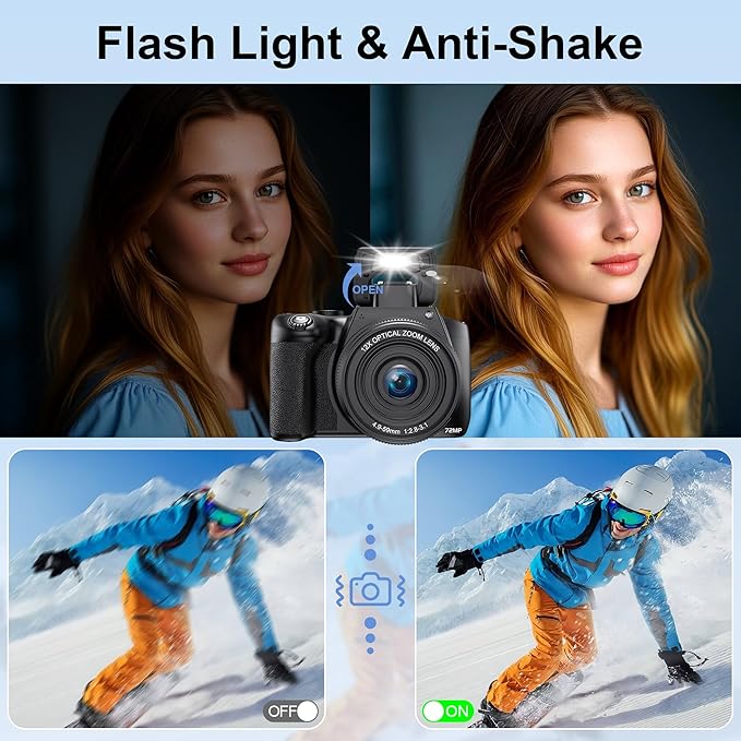 4K Digital Cameras for Photography, 12X Optical Zoom 72MP Vlogging Camera for YouTube with 270°Flip Screen, Autofocus & Anti-Shake Cameras, Wi-Fi & App-Controlled 4K Camera, 2 Batteries, 32GB SD Card