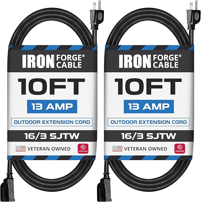 Iron Forge Cable 2 Pack 10 Ft Black Extension Cord, 16/3, 10 Foot Extension Cord, 3 Prong, Weatherproof - Great for Outside Use