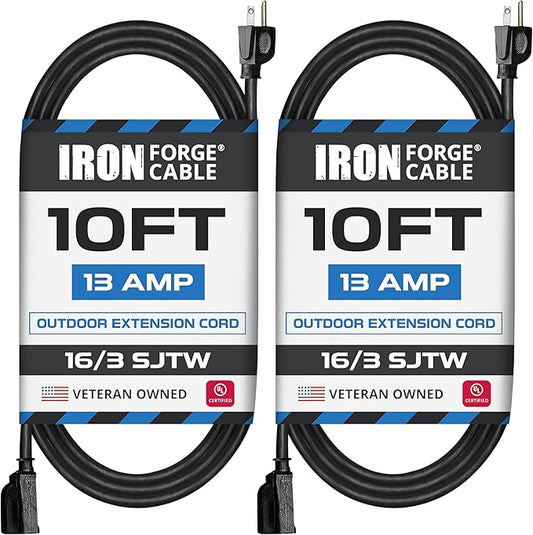 Iron Forge Cable 2 Pack 10 Ft Black Extension Cord, 16/3, 10 Foot Extension Cord, 3 Prong, Weatherproof - Great for Outside Use