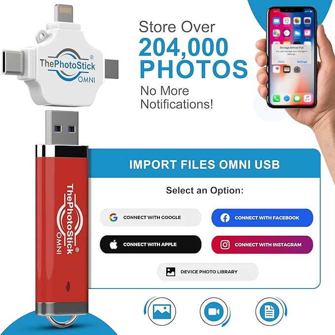 ThePhotoStick® Omni 512GB - Secure Photo & Video Backup and Transfer | Digital File Organization | USB & Multiport Connection for Phones, Tablets and Computers | Portable Memory | External Storage