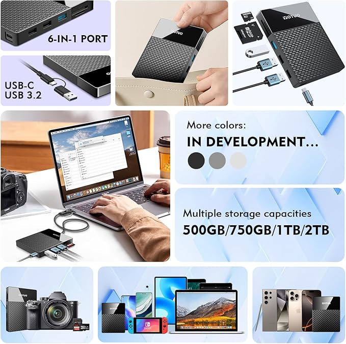 Portable 500GB Docking Station External Hard Drive, Multiport USB-C Hub + HDD 7-in-1, USB 3.0, SD/TF Card, Multi-Functional HDD for Windows, Mac, Android, TV, Phone, Laptop, Desktop, PC