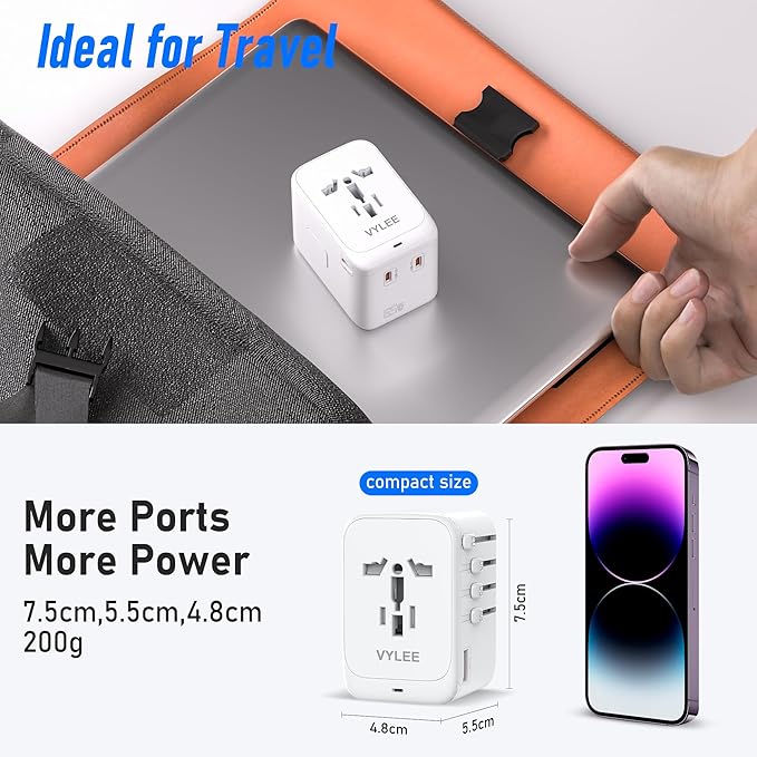 Travel Plug Adapter, 65W Fast GaN Travel Charger, International Plug Adapter with 3 USB-C PD and 1 USB-A QC with US/EU/UK/AU Convenient for iPhone,Samsung,Laptops