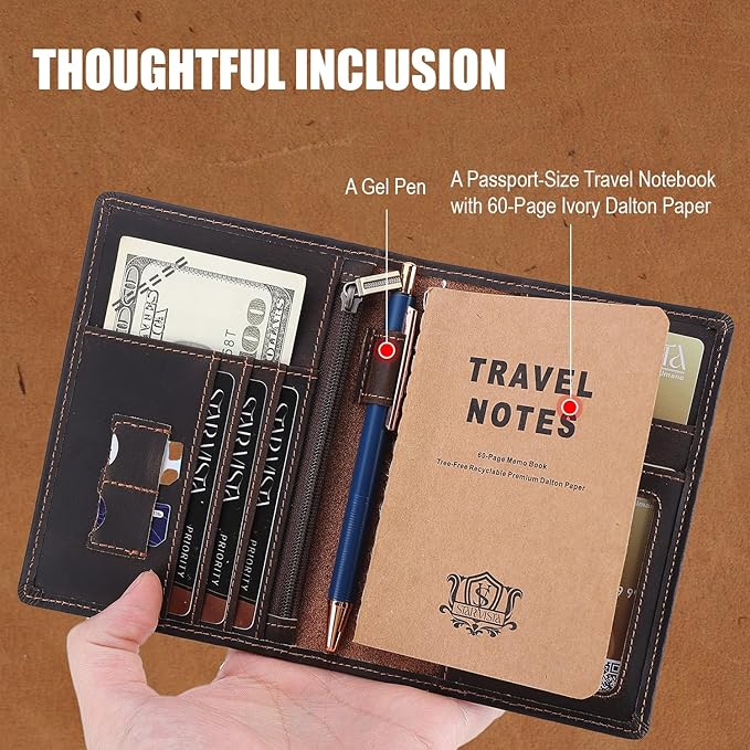 STAR VISTA Phoenix Leather Passport Holder, Full Grain Cowhide Travel Wallet - RFID Blocking, ID Window, Zipper Pocket, Pen & Notebook Included, Dark Chocolate