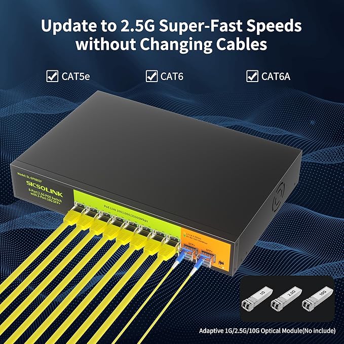 2.5Gb PoE+ Switch 10-Port Unmanaged with 8*2.5G Base-T PoE+ Ports, 2*10G SFP+ , IEEE802.3af/at , 80Gbps Switching Capacity, Metal, 2.5Gbe PoE Switch for NAS, PC, AP.