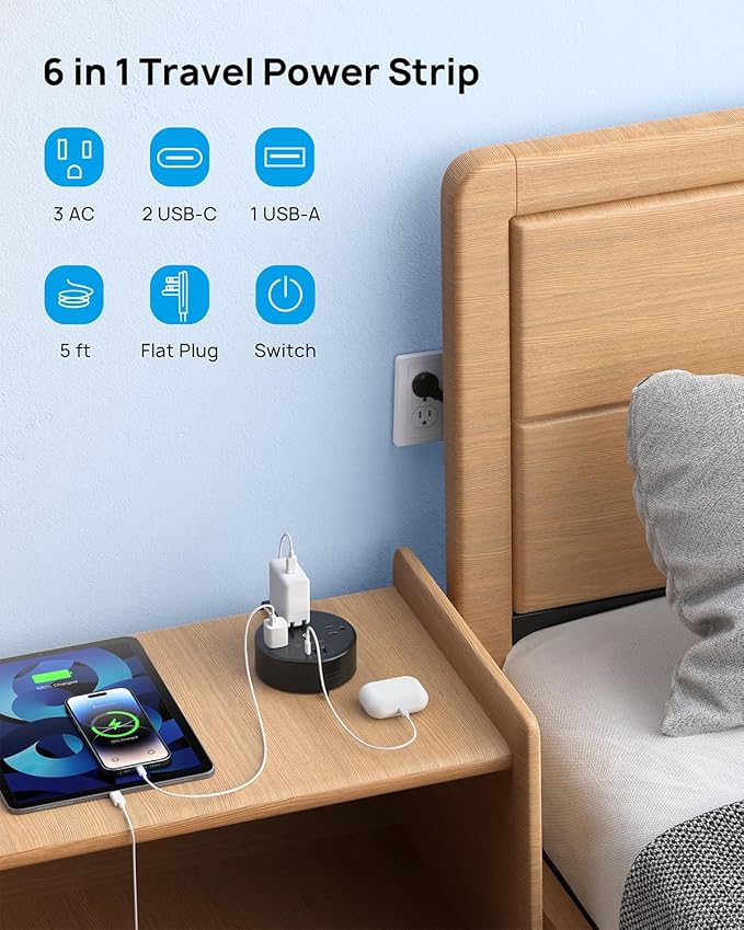 TROND Retractable Extension Cord Power Strip - Travel Power Strip with 3 AC Outlets 3 USB Ports (2 USB C), Ultra Thin Flat Plug 5ft, Cruise Ship Essentials, for Home Hotel Dorm Room, Black