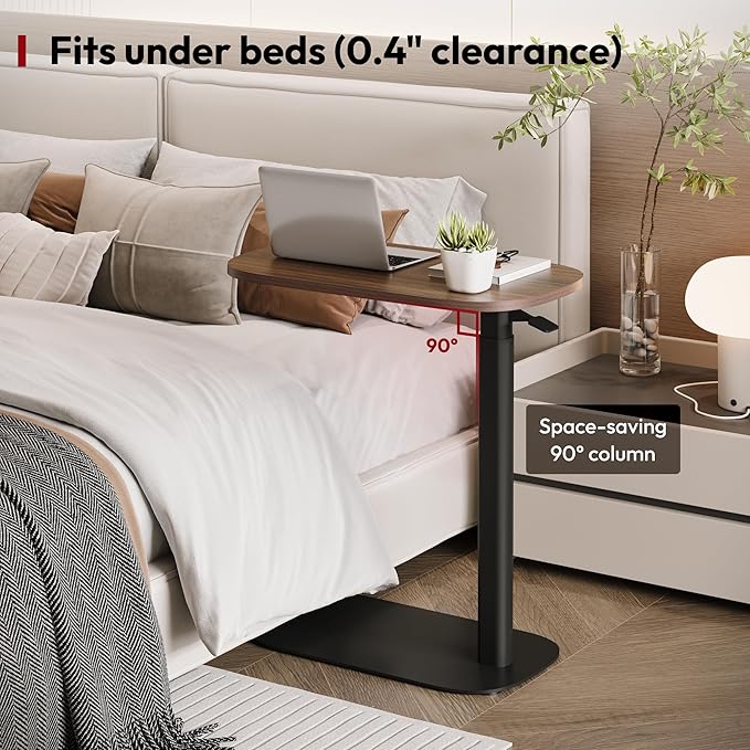 SANODESK Adjustable Overbed Bedside Table Pneumatic Adjustable Height Laptop Computer Standing Desk Cart with Tray, Hospital and Home Use(23.6" W x 13.8" D, Walnut)