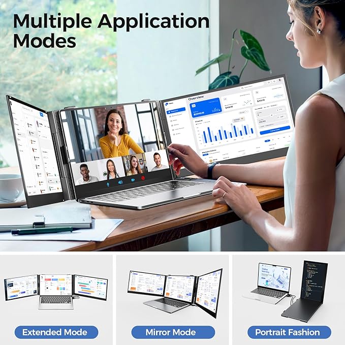 Redalf 14” Triple Laptop Screen Extender,Ultra-Thin & Lightweight (2.2lb) Portable 1080P FHD IPS Monitor, Plug & Play USB-C/HDMI, Fits 13–17.3” Laptops for Mac/Windows/Chrome