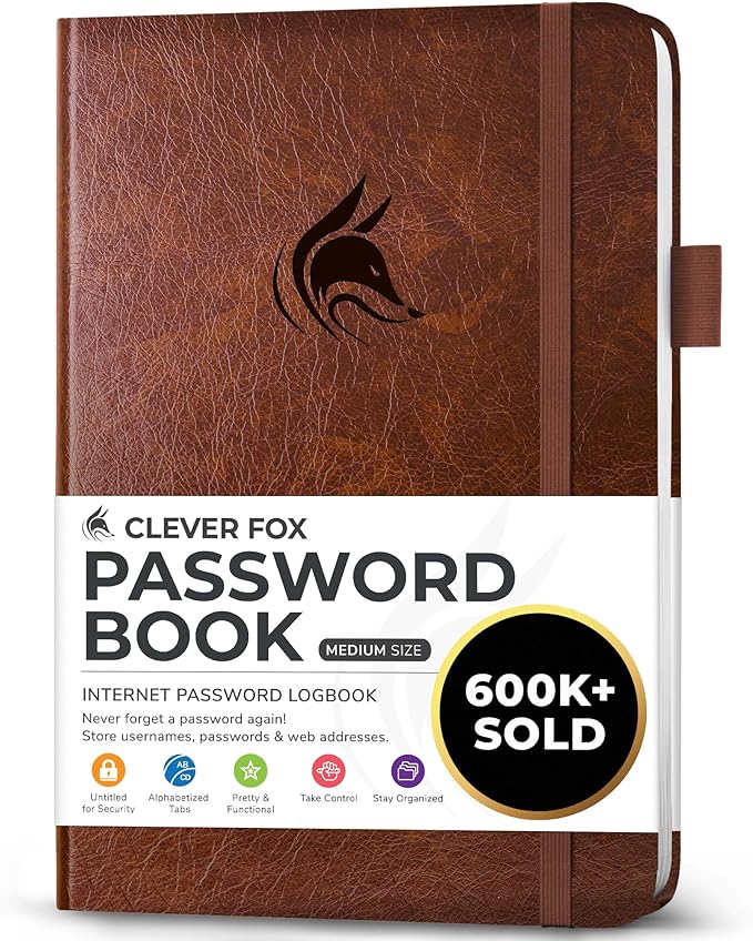 Clever Fox Password Book with alphabetical tabs. Internet Address Organizer Logbook. Medium Password Keeper for Website Logins (Brown)