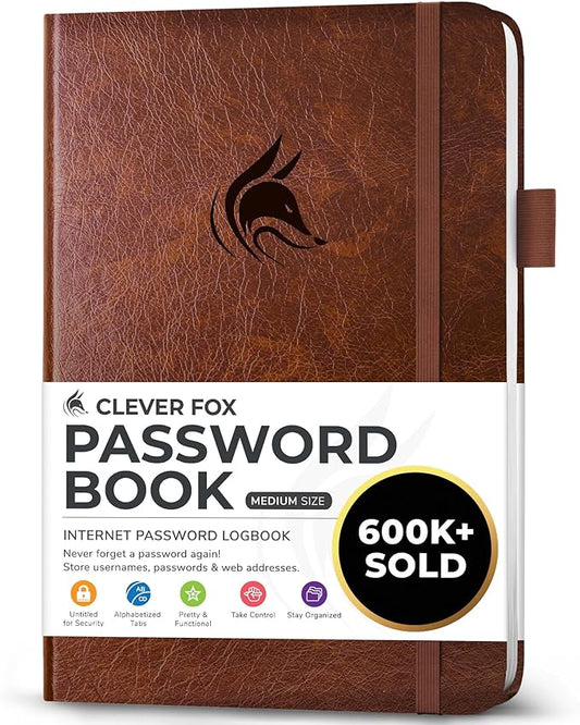 Clever Fox Password Book with alphabetical tabs. Internet Address Organizer Logbook. Medium Password Keeper for Website Logins (Brown)