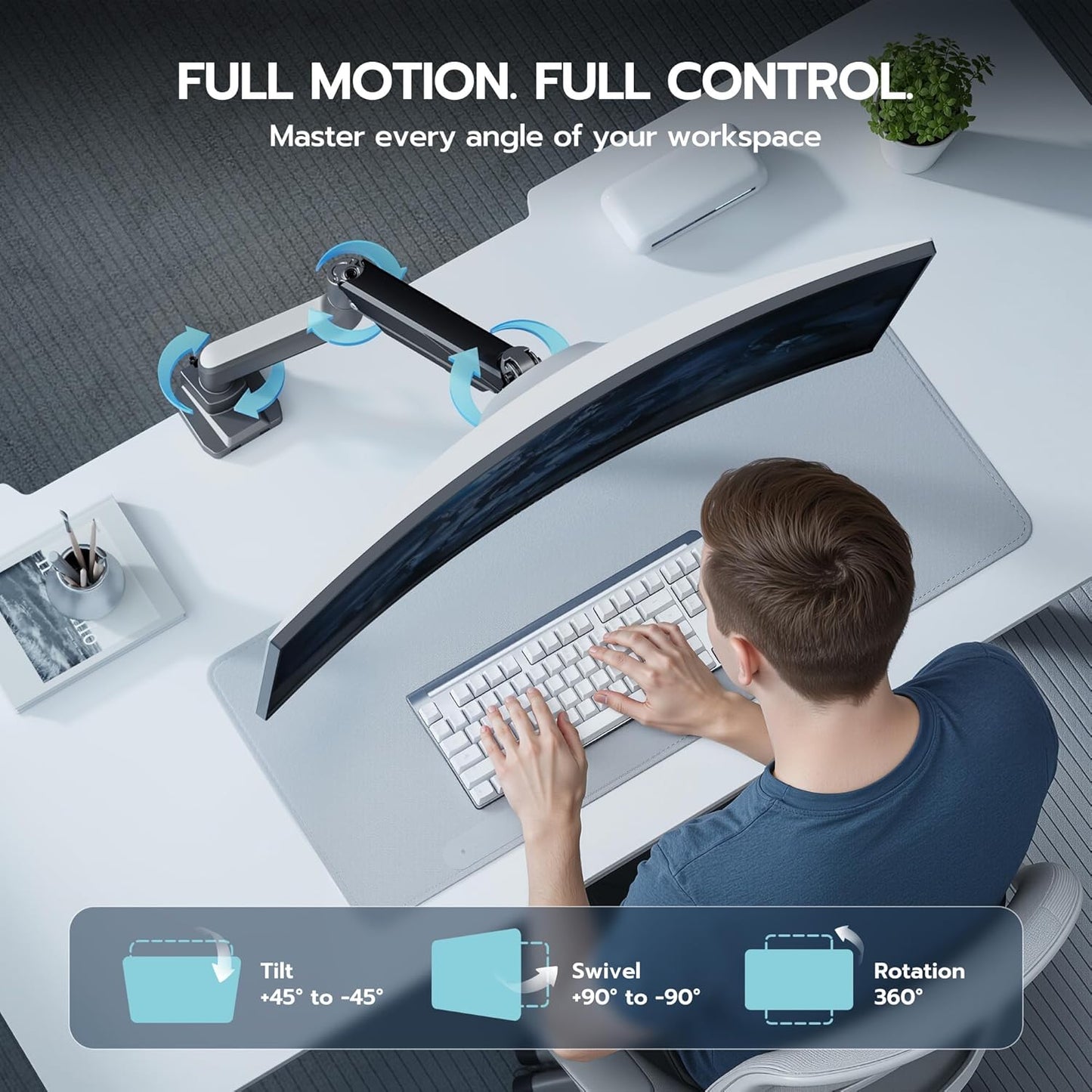 ARES WING Ultrawide Monitor Arm, Heavy Duty Single Monitor Mount for 13"-49" Curved Screens, Adjustable Stand for Desk with C-clamp & Grommet Base up to 40 LBS, Gray