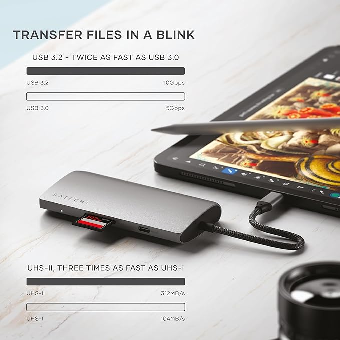 Satechi 8 in 1 USB C Hub Multiport Adapter V3, 8K HDMI, 100W Charging, 4 USB Data Ports, Ethernet, SD Card Reader, for Laptop, for Mac/Windows, MacBook Air/Pro M4, iPad - Space Gray