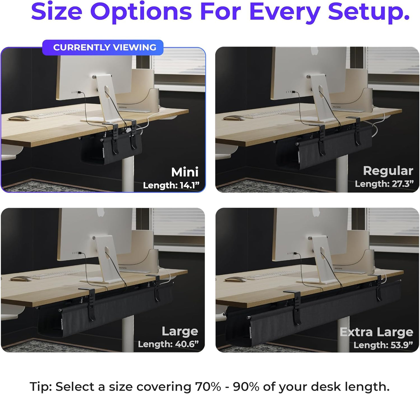 Original No Drill Under Desk Cable Management Tray 14.1" - Premium Black Fabric Cable Management Under Desk - Clamp/Screw Mount Cord Organizer - Supports Upto 66lbs