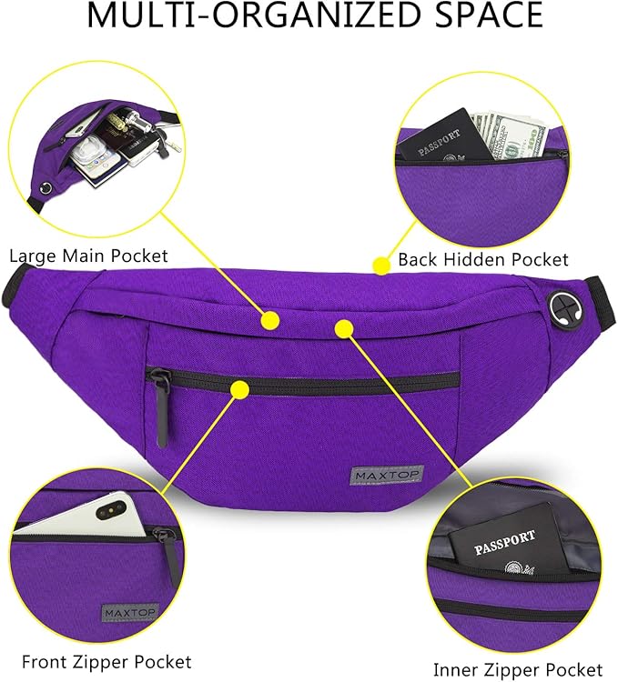 MAXTOP Large Crossbody Fanny Pack with 4-Zipper Pockets,Gifts for Enjoy Sports Festival Workout Traveling Running Casual Hands-Free Wallets Waist Pack Phone Bag Carrying All Phones
