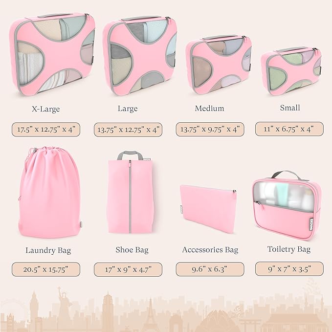 Shacke Premium 8 Packing Cubes Set - Lightweight Mesh Travel Luggage Organizers with Laundry Bag, 8-Piece Suitcase Storage System (Summer Pink)