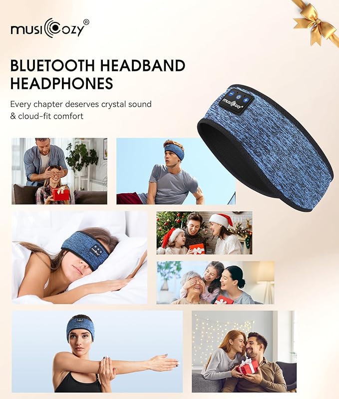 MUSICOZY Sleep Headphones Bluetooth 5.4 Headband, Wireless Earphones Music Sleep Earbuds Sleeping Eye Mask with HD Stereo Speakers for Workout Running Travel Yoga, Ideal Gifts for Women Men