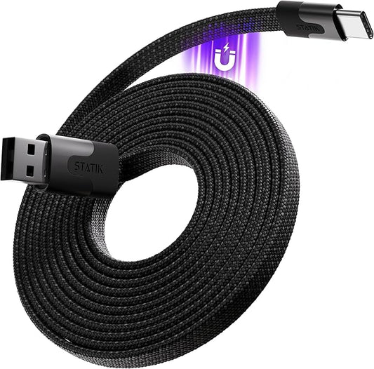 Statik MagStack USB to USB C Cable, Magnetic Anti Tangle Flat A to Type C Charger Fast Charging Cord, Magnetic Charging Cable, Compatible with iPhone 16 Pro Max, 15, Galaxy S24 Ultra, 27W 6FT/2M