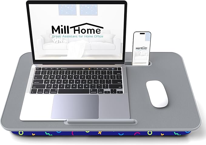 Millhome Lap Desk | Portable Laptop Desk – Fits Up to 17.3" Laptops – Detachable & Washable Cushion, Phone Holder, Device Ledge – for Writing, Working, Reading on Bed, Couch, Sofa, Floor – Geometric