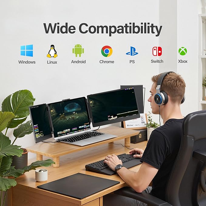 Laptop Screen Extender, 14'' FHD 1080P IPS Ultra-Thin Dual/Triple Monitor Display, HDMI/USB-C Plug-Play Portable Monitor for Laptop, Built-in Speakers(Mac, Win, Android)