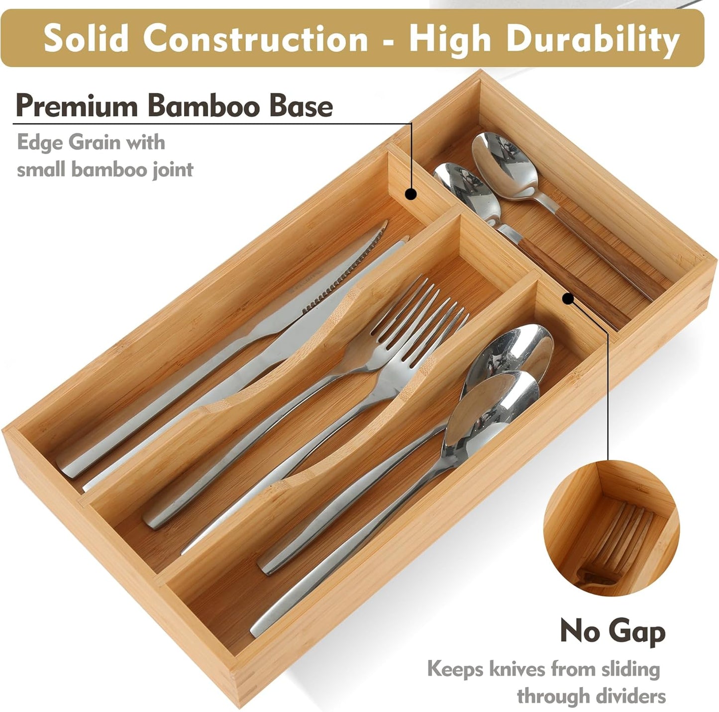 Bamboo Kitchen Drawer Organizer, 7 Inch Silverware Utensil Holder for Small Drawer, Wood Silverware Organizer for Cutlery