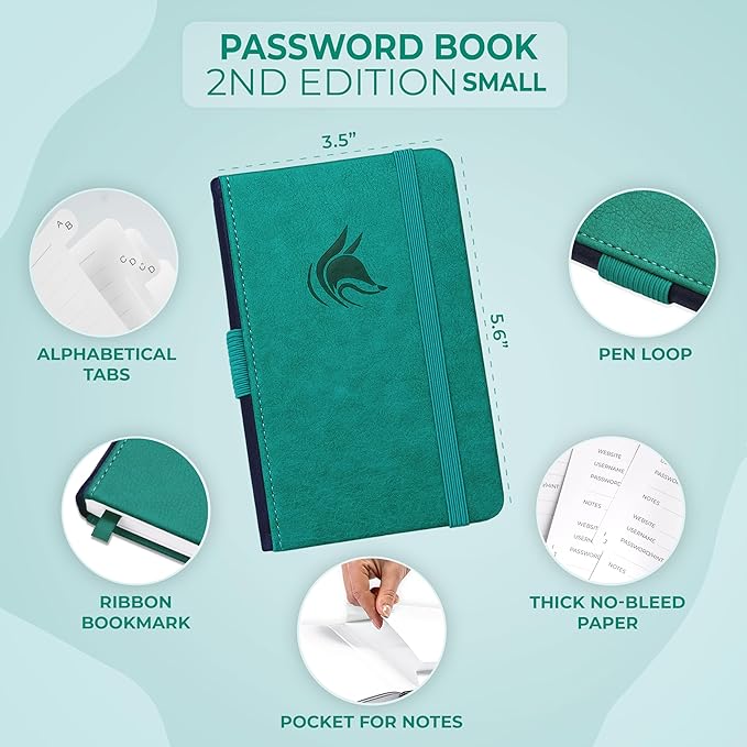 Clever Fox Password Book 2nd Edition Small – Pocket Password Keeper with Alphabetical Tabs – Internet Address Notebook & Login Details Organizer Journal – 3.5x5.6” (Aquamarine)