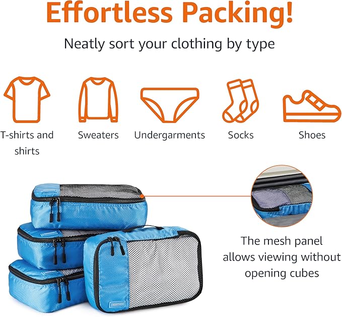 Amazon Essentials 4-Piece Packing Cubes Travel Accessories Set, Luggage Organizer with Double Zipper, Mesh Top, 100% Polyester, Small, Sky Blue (Previously Amazon Basics)