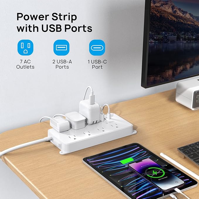 TROND Power Strip Surge Protector, 7 Widely Spaced Outlets with 2 USB A and 1 USB C, ETL Listed 1700J, Wall Mount, Flat Plug 5ft Extension Cord 14AWG Heavy Duty, for Home, Office Garage, White